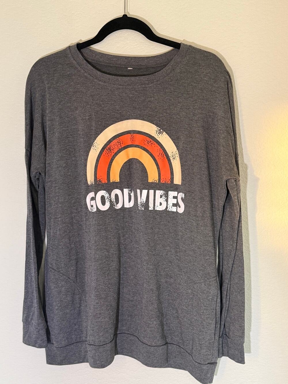Good Vibes Rainbow Gray Long Sleeve Tunic Sweatshirt Top Side Pockets Positive
